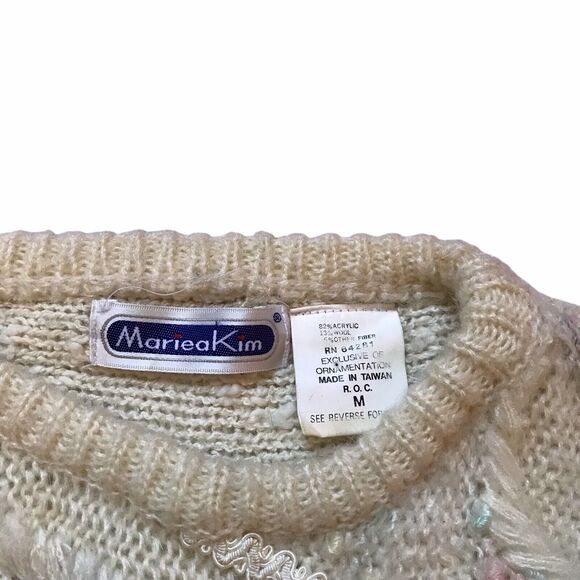 Vtg 80s Mariea Kim Sweater M Beige 3D Textured Applique Dolman Sleeve Artwork - Picture 4 of 9